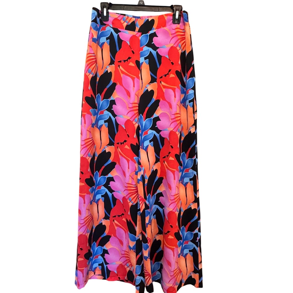 Lulus Island Floral Print Wide Leg Pants Colorful Tropical High Waist Side Zip L